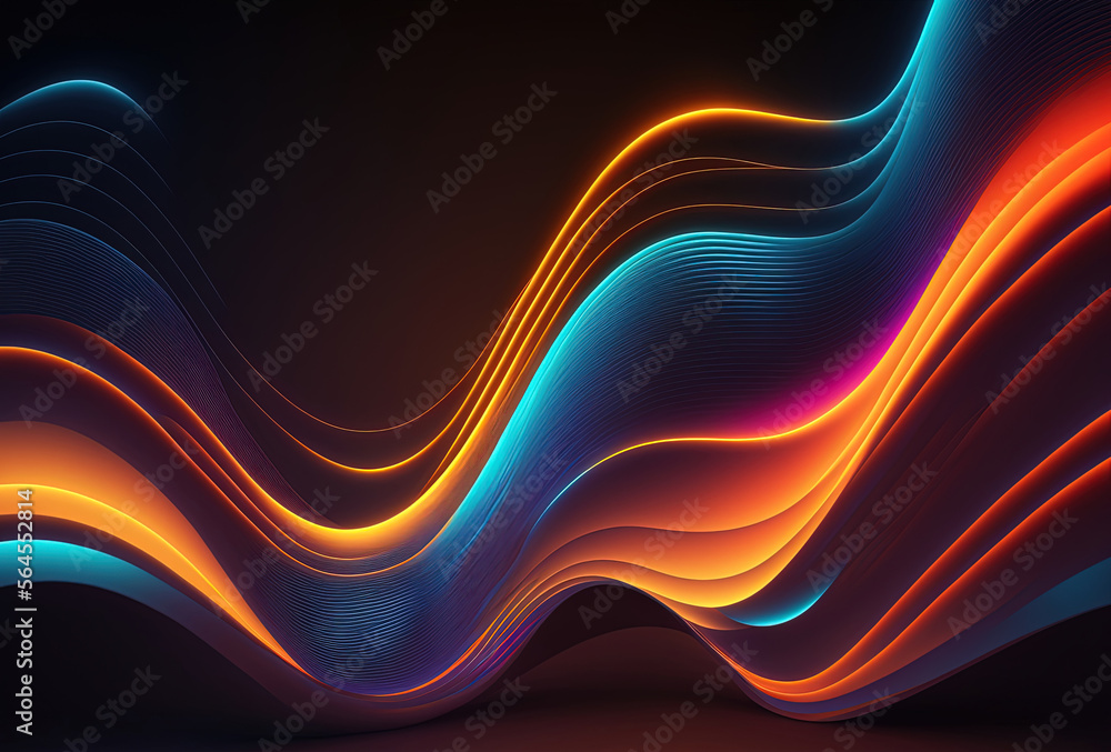 Poster neon colored waves on a dark background. abstract glowing spectrum lines. psychedelic aesthetic. 3d 