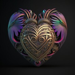 Abstract metal heart with Maori pattern. 3d rendering. Generative AI.