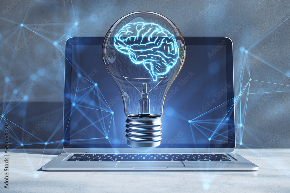 Poster close up of laptop computer with lamp, brain hologram and polygonal mesh on blurry background. brain