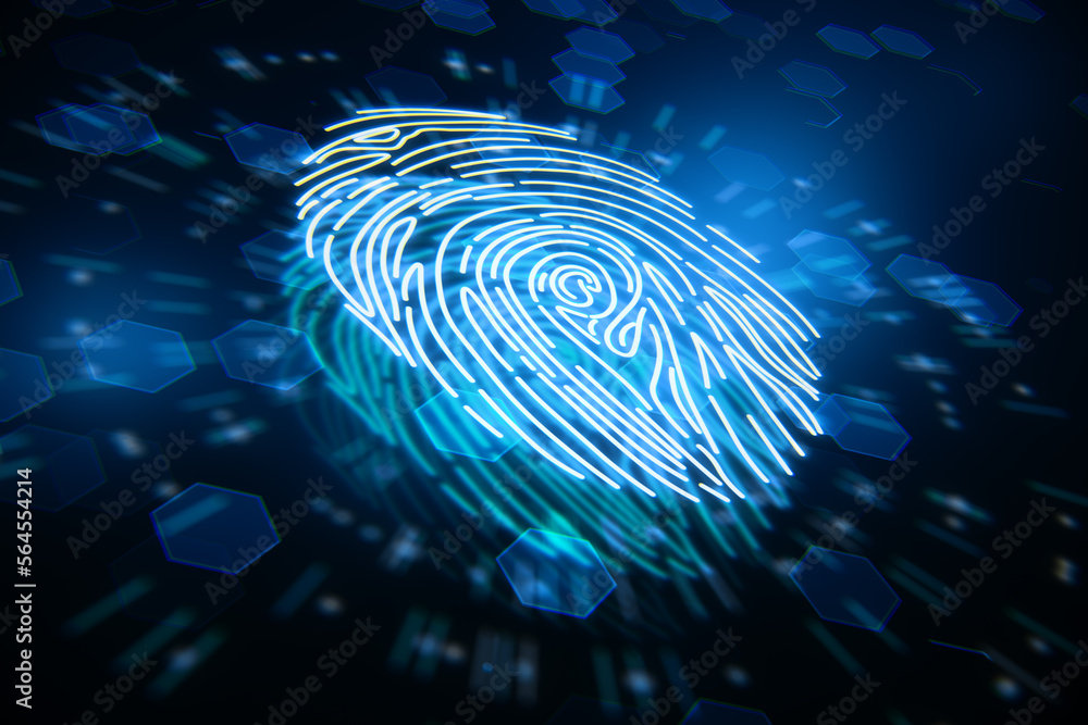 Aufkleber Security future and personal password access concept with perspective view on digital human illuminated fingerprint on abstract dark technological background. 3D rendering