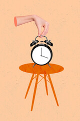 Vertical collage image of arm fingers hold retro bell ring clock isolated on creative drawing...