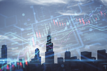 Business and financial report concept with perspective view on digital rising stock market candlestick and diagram on city skyline background, double exposure