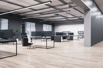 Modern coworking office interior with wooden flooring, windows, equipment, furniture and other items. 3D Rendering.