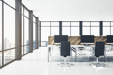 New spacious bright coworking office interior. Wooden and concrete materials. Panoramic window with city view and daylight. Corporation, law and legal concept. 3D Rendering.