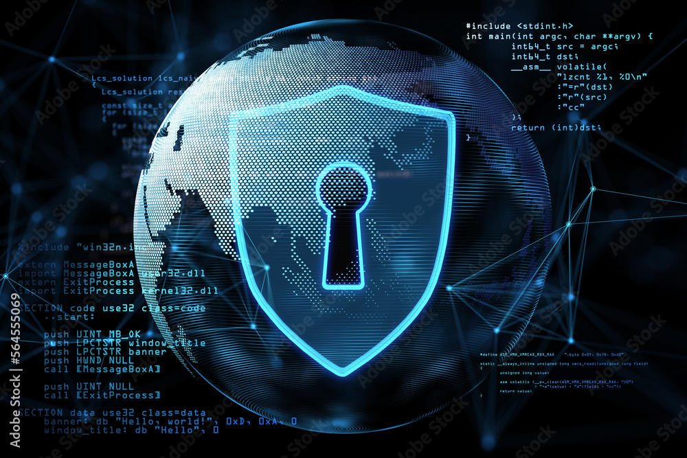 Poster Cyber security and global protection concept with digital keyhole in blue shield on dark technological background with world map globe and binary code. 3D rendering