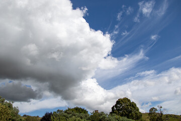 Clouds blown by the wind through a blue sky above a green countryside