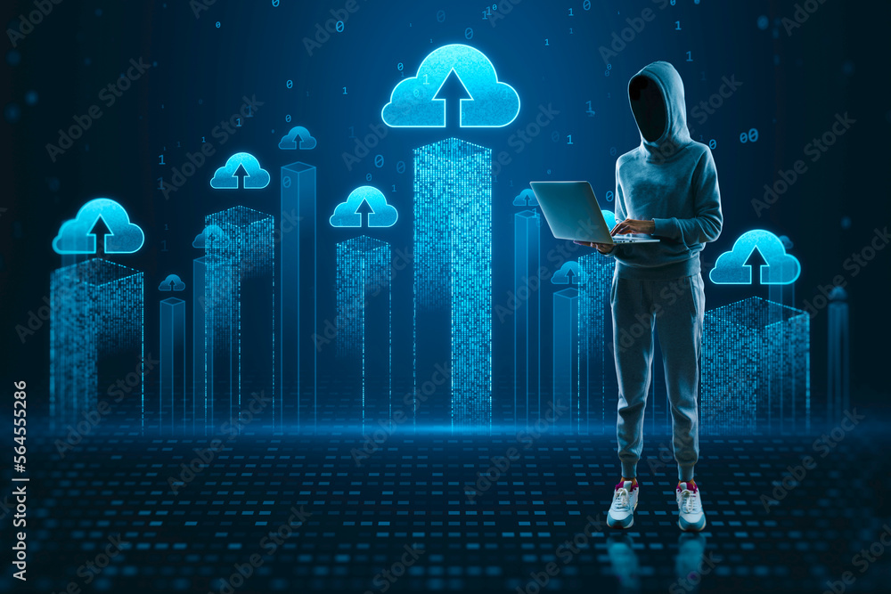 Poster Hacker using laptop with creative cloud homputing hologram on blurry background. Database, hacking, server and information storage concept.