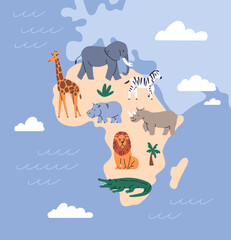 Obraz premium Africa map with wild animals. Cute mammals of African land, continent. Wildlife, terrestrial fauna, different species, habitats, elephant, giraffe, lion, zebra. Childish flat vector illustration