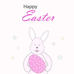 Happy Easter card with pink rabbit and egg. Vector illustration