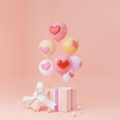 Balloons and hearts fly out of box on pink background, use as birthday card illustration. Wedding cards and Valentine's Day cards, 3D render illustration.