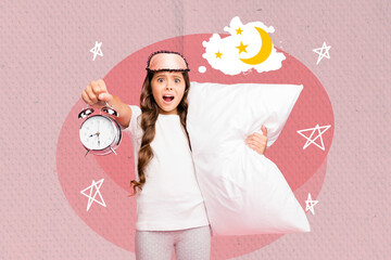 3d retro abstract creative artwork template collage of shocked small kid showing clock going bed...