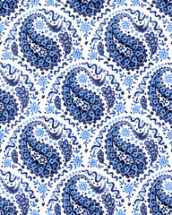 Cute seamless paisley pattern. Wavy blue and white background. The ornament is drawn in doodle style. Vector illustration. - 564556443
