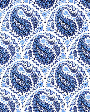 Cute seamless paisley pattern. Wavy blue and white background. The ornament is drawn in doodle style. Vector illustration.