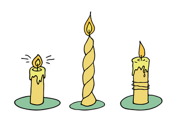 Burning candle set. Doodle illustration. Hand drawn clipart for card, logo, design