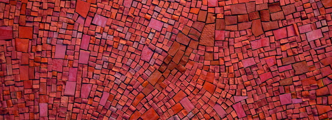 Bunte rote Mosaiksteine,, Mosaikwand, Banner, Hintergrund und Textur in Rot, Rostfarben, Weinrot,...