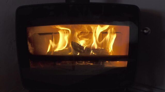 Chimenea cerrada con troncos de madera quem&aacute;ndose con llamas en el interior 