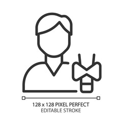 Endocrinology pixel perfect linear icon. Endocrine system. Thyroid gland disorders and treatment. Clinic service. Thin line illustration. Contour symbol. Vector outline drawing. Editable stroke