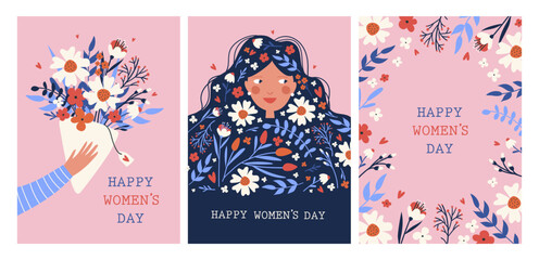 Happy Woman’s Day card set with flowers. Vector illustrations