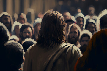Jesus teaching desciples or people. Back view. Generative AI illustration - obrazy, fototapety, plakaty