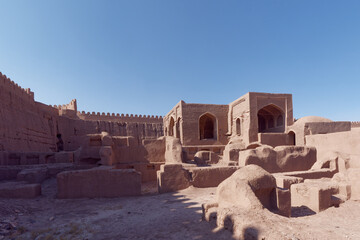 Remains of walls and tower of ancient Rayen Castle (Arg-e Rayen) in Kerman Province, Iran