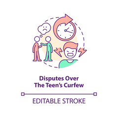 Disputes over teen curfew concept icon. Safety rules. Parent child conflict area abstract idea thin line illustration. Isolated outline drawing. Editable stroke. Arial, Myriad Pro-Bold fonts used