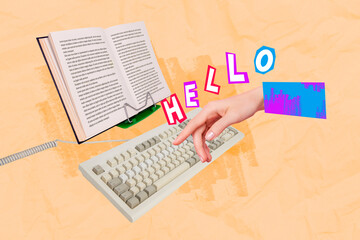Obraz premium Creative collage image of hand finger typing write message keyboard opened book holder isolated on drawing beige background