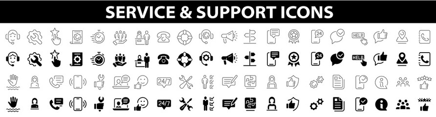 Fototapeta premium Customer Service and Support icon set. Support service. Helpdesk, Quick Response, Feedback. Technical support, help, call center, hotline, live chat and assistance. Vector illustration