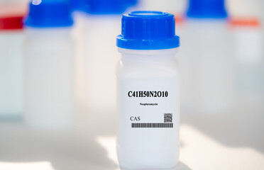 C41H50N2O10 Neopluramycin CAS  chemical substance in white plastic laboratory packaging