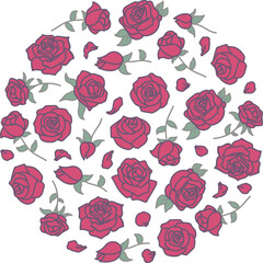 Filled outline of red roses pattern in the shape of a circle