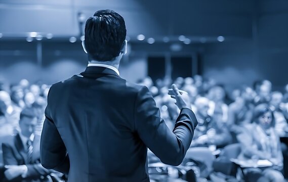 A Man Giving Speech On The Stage 