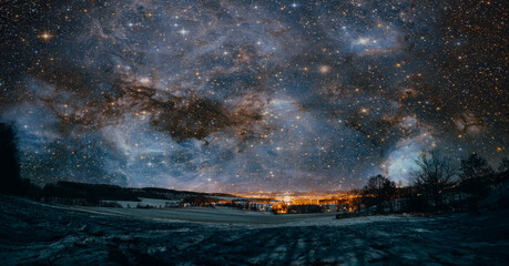 night winter landscape with starry sky Elements of this image furnished by NASA.