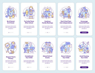 Teen parenting and self esteem onboarding mobile app screens set. Walkthrough 5 steps editable graphic instructions with linear concepts. UI, UX, GUI template. Myriad Pro-Bold, Regular fonts used