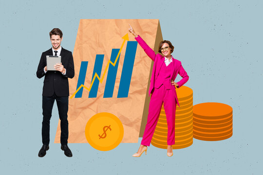 Creative collage artwork photo of two young successful businesswoman partner hold tablet rich colleagues stats board isolated over grey background