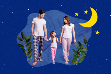 Creative 3d photo artwork graphics collage painting of happy smiling family holding hands walking...