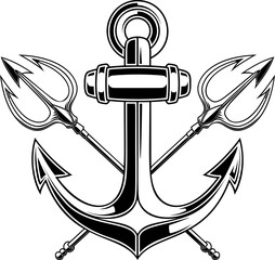 Illustration of sea anchor with crossed tridents. Design element for logo, sign, emblem. Vector illustration © liubov
