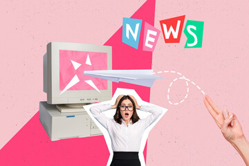 Photo collage of young funky reporter media news worker lady confused staring hands head paper plane breaking monitor isolated on pink background