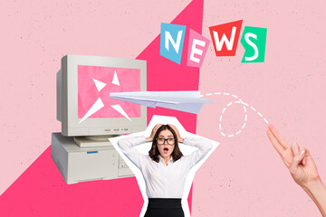 Photo collage of young funky reporter media news worker lady confused staring hands head paper...