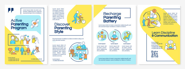 Active parenting program blue and yellow brochure template. Leaflet design with linear icons. Editable 4 vector layouts for presentation, annual reports. Questrial, Lato-Regular fonts used