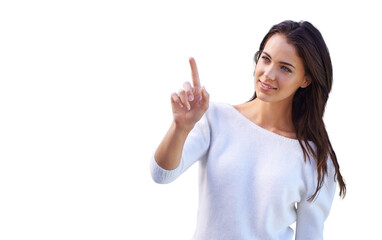 A happy young woman standing and pointing up isolated on a PNG background.