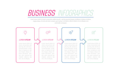 Business Infographics. 4 steps to achieve the result. Stages of development, workflow, marketing or plan. Business strategy with icons. Diagram of the report, statistics and training.