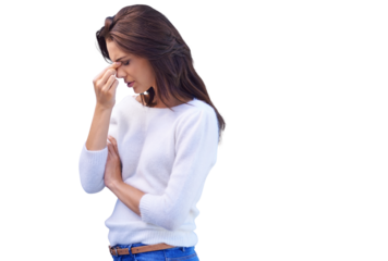 An attractive young woman with a headache standing isolated on a PNG background.