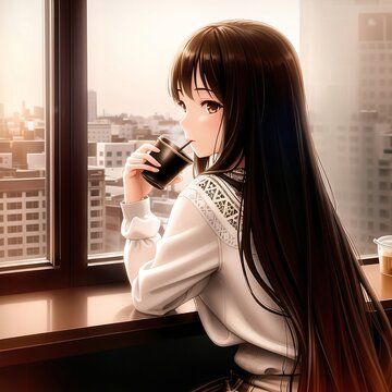 beautiful girl, in a cafe, by the window, it's raining, drinking coffee, drawing, fantasy, ai