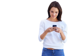 An attractive young woman using her mobile phone isolated on a PNG background.