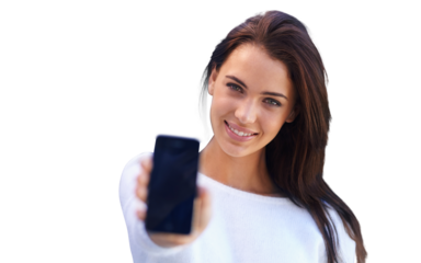 An attractive young woman holding up her mobile phone. isolated on a PNG background.