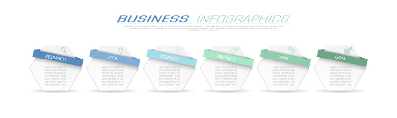 Business Infographics. 6 steps to achieve the result. Stages of development, workflow, marketing or plan. Business strategy with icons. Diagram of the report, statistics and training