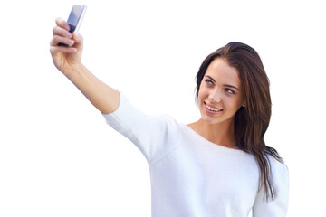 An attractive young woman taking a self portrait isolated on a PNG background.