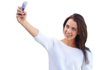 An attractive young woman taking a self portrait isolated on a PNG background.
