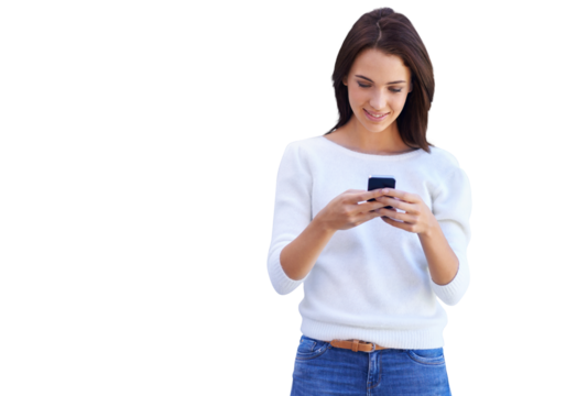 An attractive young woman using her mobile phone isolated on a PNG background.