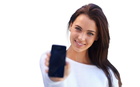 An attractive young woman holding up her mobile phone. isolated on a PNG background.
