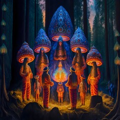 A group of people dressed in traditional shamanistic clothing gathered in a forest by Alex Grey psychedelic references vibrant colors spiritual trippy background incense candles crystals smoke aura  - obrazy, fototapety, plakaty
